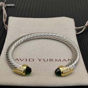David Yurman Silver Cable Bracelet with Green Gemstone and Gold Accents